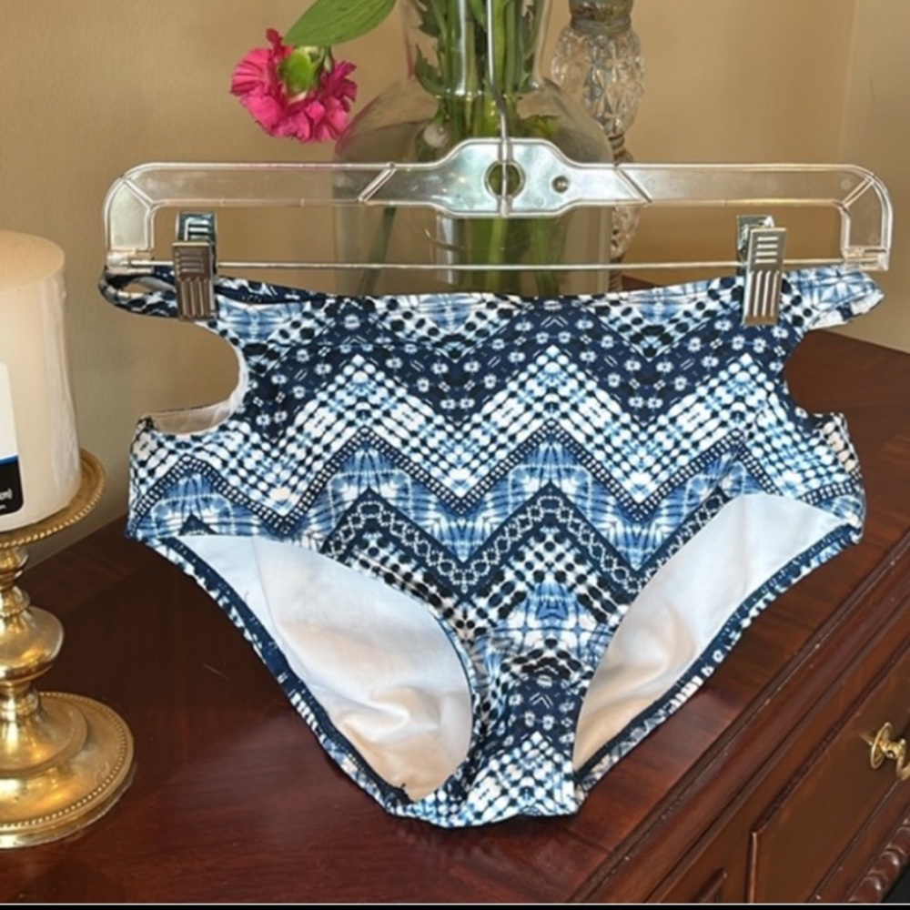Blue and White High Waisted Patterned Bikini Bottom